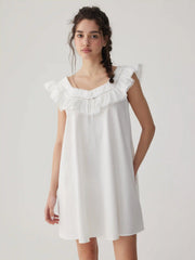 Cotton-blend Ruffled Lace Trim Mini NightDress