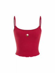 Cotton-blend Floral Embroidery Scoop Neck Lettuce Trim Ribbed Cami Top
