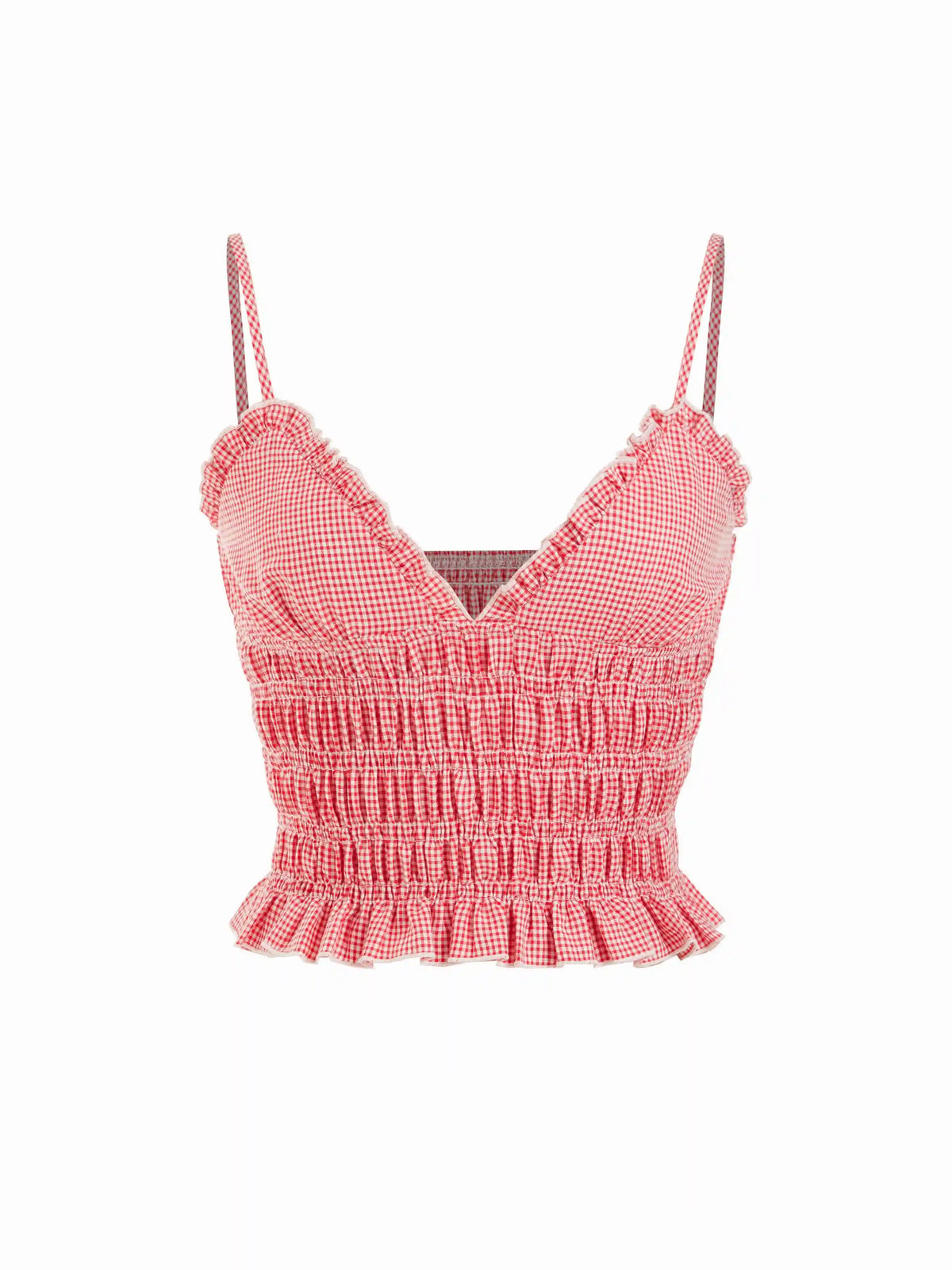 Gingham V-Neck Shirred Ruffled Cami Top