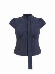Striped Stand Collar Cut Out Blouse With Scarf Curve & Plus