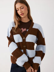 Knit V-neck Striped Lantern Sleeve Oversized Cardigan