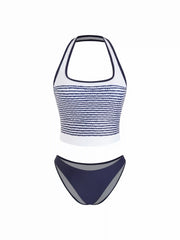 Halter Neckline Striped Contrast Binding Low Rise Cheeky Bikini Set