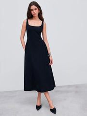 Woven Square Neck Solid Midi Dress