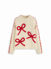 Knit Jacquard Bowknot Contrast Trim Oversized Sweater
