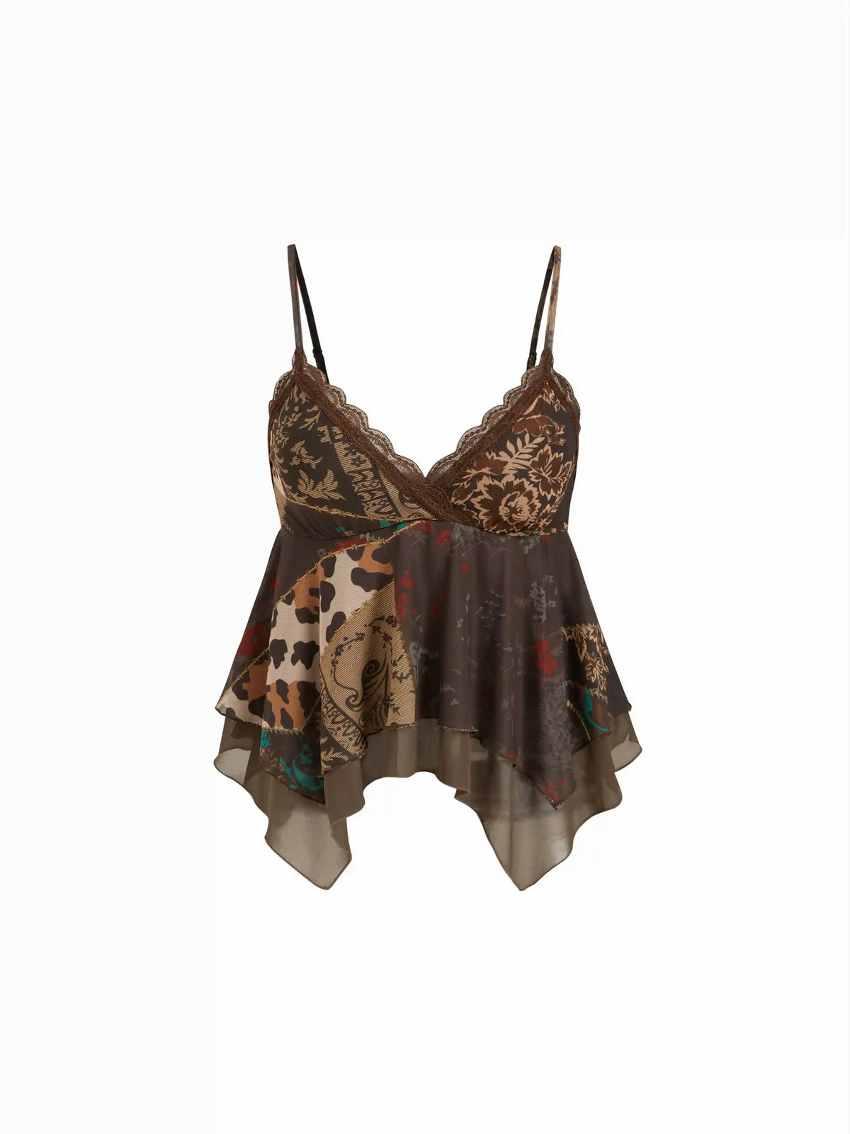 Mesh Aztec V-neck Lace Trim Layered Hanky Hem Crop Cami Top
