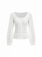 Cotton-blend Textured Scoop Neck Lace Panel Blouse