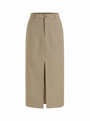 Houndstooth Mid Rise Split Maxi Skirt