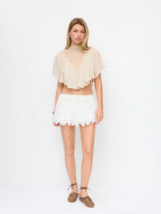 Chiffon Floral Lace Stand Collar Cloak Sleeve Oversized Blouse