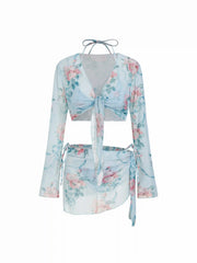 Halter V-neck Floral Tie Side Bikini Swimsuit With Cover Up Set