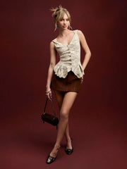 Lace Sweetheart Pleated Twisted Top