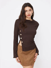 Texture Stand Collar Bell Sleeve Split Side Metal Button Top