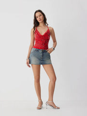 Mesh Sequin Beaded Cowl Neck Cami Top