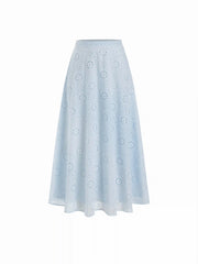 Jacquard Floral Broderie Anglaise Textured A-line Mid Rise Maxi Skirt