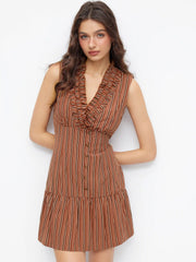 V-neck Striped Ruffled Tie Back Mini Dress