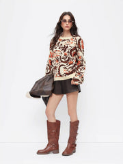 Knit Flower Graphic Round Neckline Abstract Long Sleeve Oversized Top