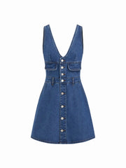 Cider Denim V-Neck Metal Detail Oversized A-line Mini Dress