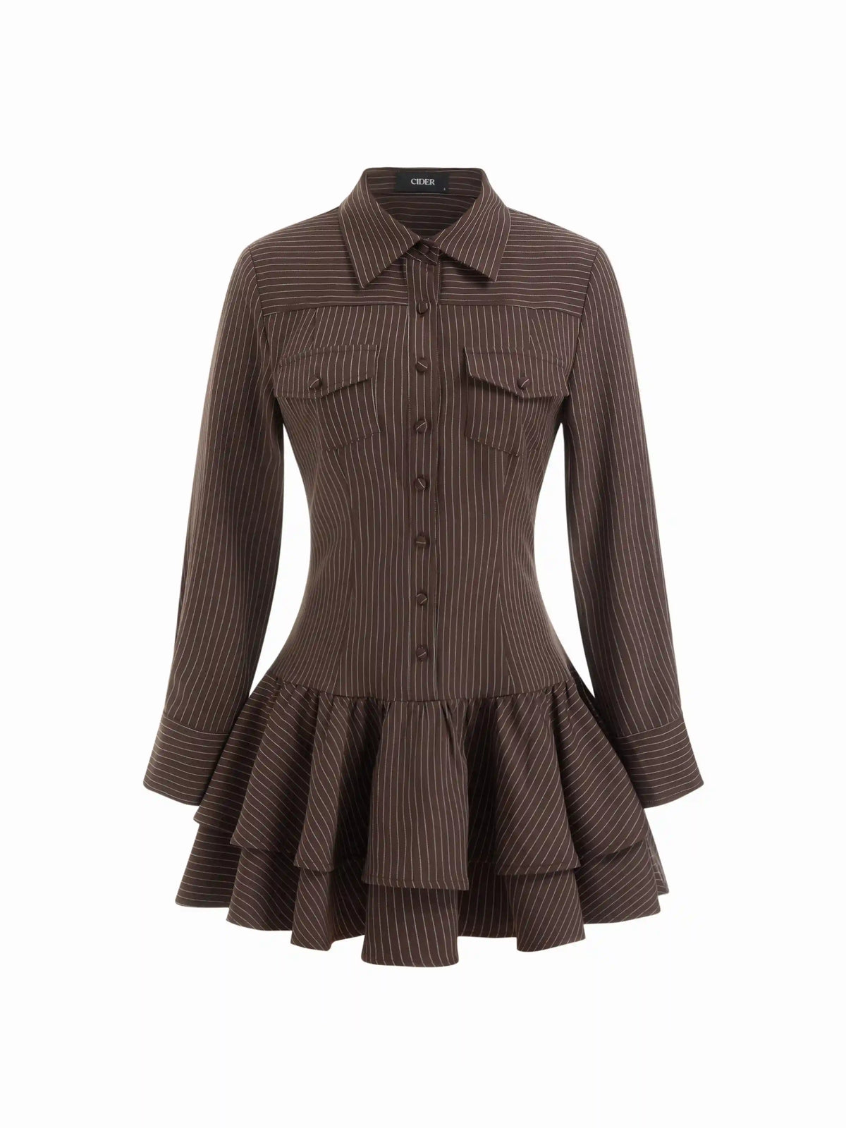 Striped Collar Long Sleeve Button Lace Up Layered Mini Dress