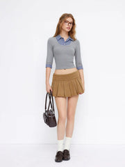Collar Check Patched Button Short Sleeve Top