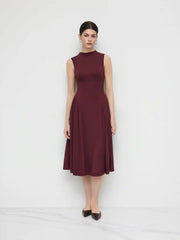 High Neck Solid Pocket Ruffle Midi Dress