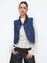 Denim Collar Colorblock Metal Button Top