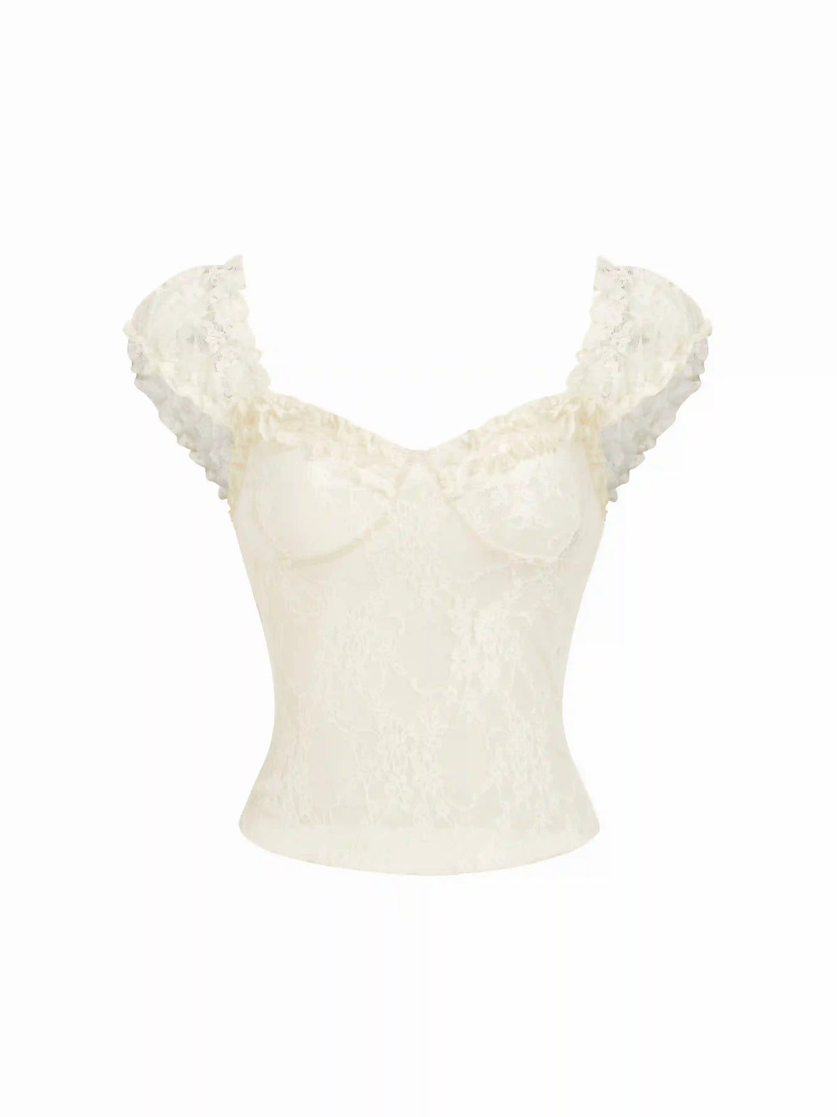 Textured Lace Sweetheart Puff Sleeve Ruched Top