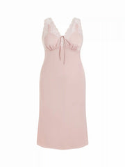 Satin V-Neck Lace Panel Knotted Maxi Slip Dress Curve & Plus