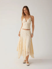 Lace V-neck Halter Neck Top & Asymmetrical Ruffle Midi Skirt Set