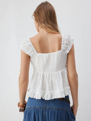 Cotton-blend V-neck Broderie Anglaise Ruffle Hem Blouse