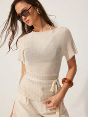 Knit Boat Neck Short Sleeve Top With Tie Waist