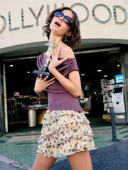 Asymmetrical Neck Ruched Rivet Tee