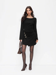 Boat Neck Bell Sleeve Ruched Mini Dress With Metal Button
