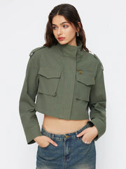 Cotton-blend Collar Zip Through Oversized Crop Jacket
