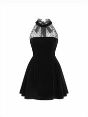 Velvet Stand Collar Polka Dot Bowknot Tie Sheer Mini Dress