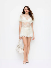 Chiffon Low Rise Lace Trim Drawstring Micro Shorts