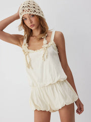 Cotton-blend Mid Rise Scoop Neck Ruffle Bubble Hem Oversized Romper