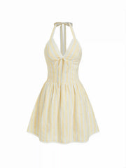 Cotton-blend Striped Sweetheart Neck Lace Trim Backless Flared Mini Dress