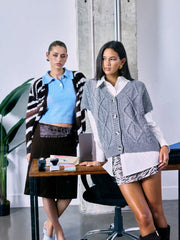 Cable Knit V-neck Short Sleeve Button Vest