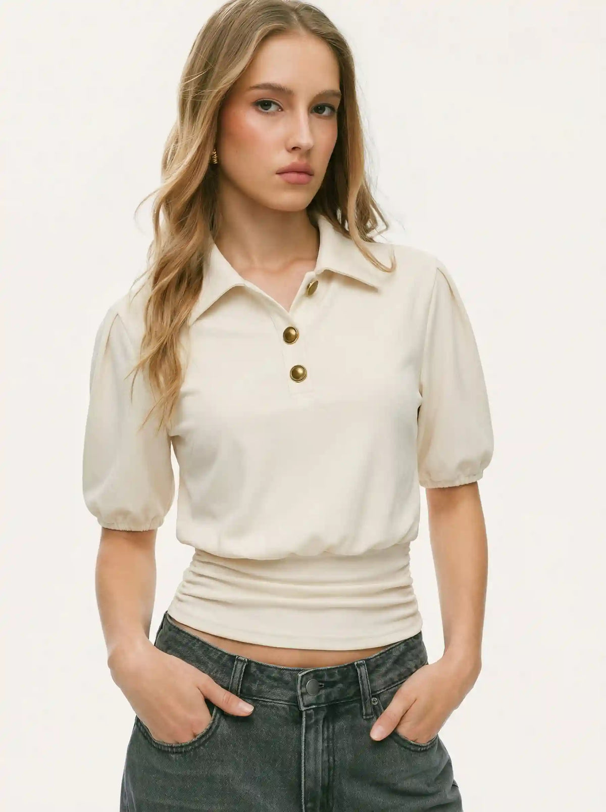 Ruched Hem Collar Short Sleeve Top With Metal Button