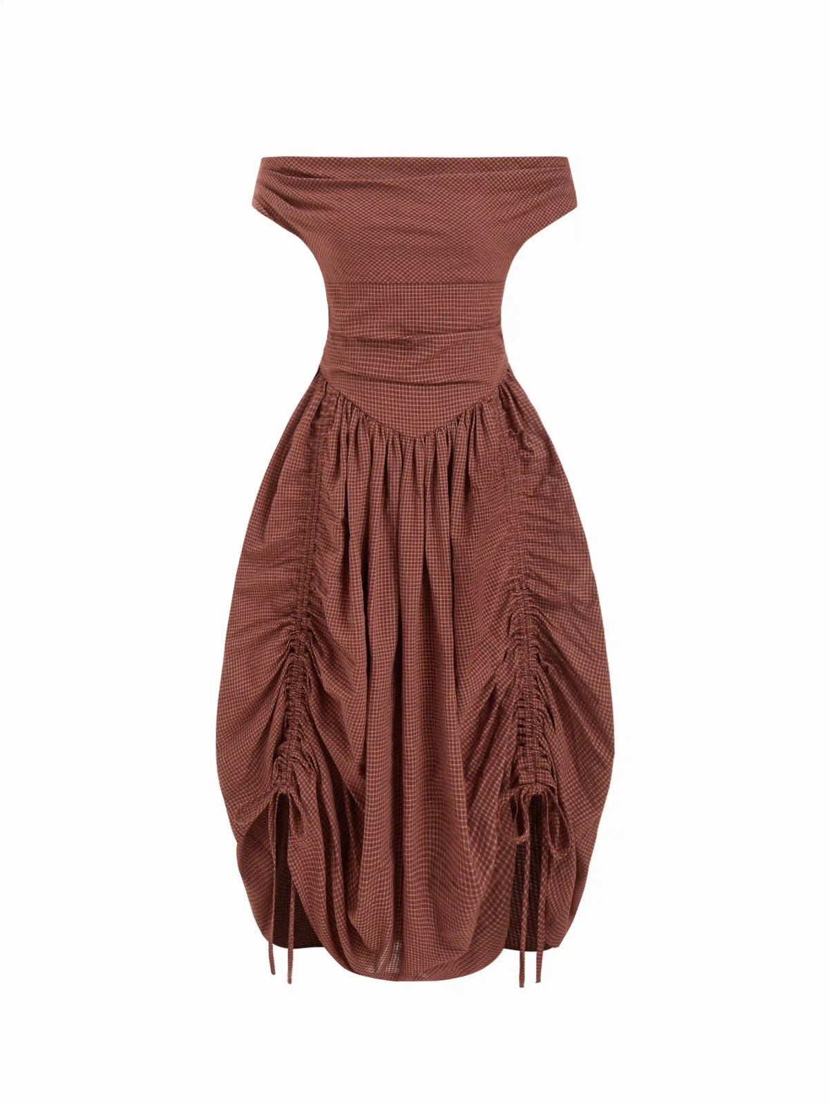 Cotton Off-Shoulder Plaid Draped Maxi Dress