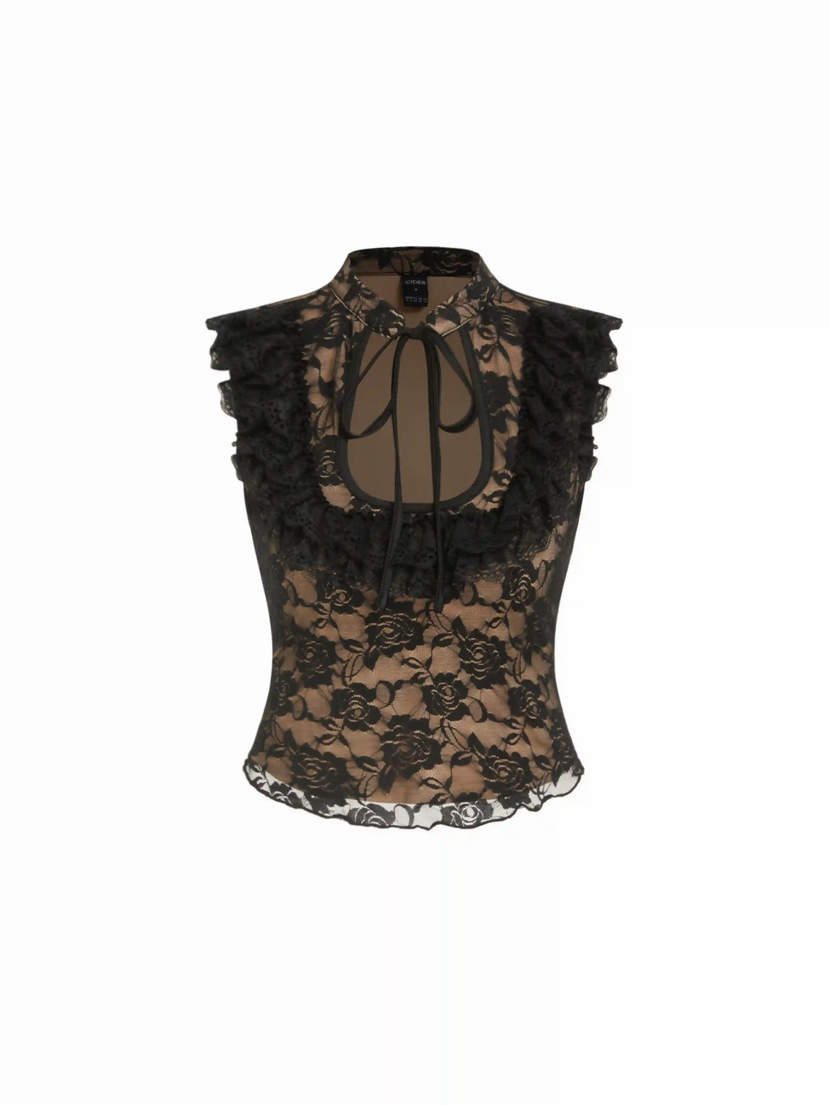 Lace Floral Mandarin Collar Tie Front Top