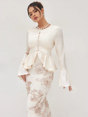 Round Neckline Ruffle Hem Blouse