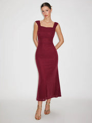 Square Neck Ruched Shimmer Mermaid Maxi Dress