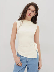Cowl Neck Ruched Split Knotted Asymmetrical Tank Top