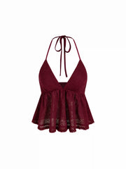 Pointelle V-Neck Halter Ruffle Hem Cami Top