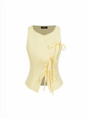 Linen-blend Sweetheart Asymmetrical Bowknot Blazer Vest