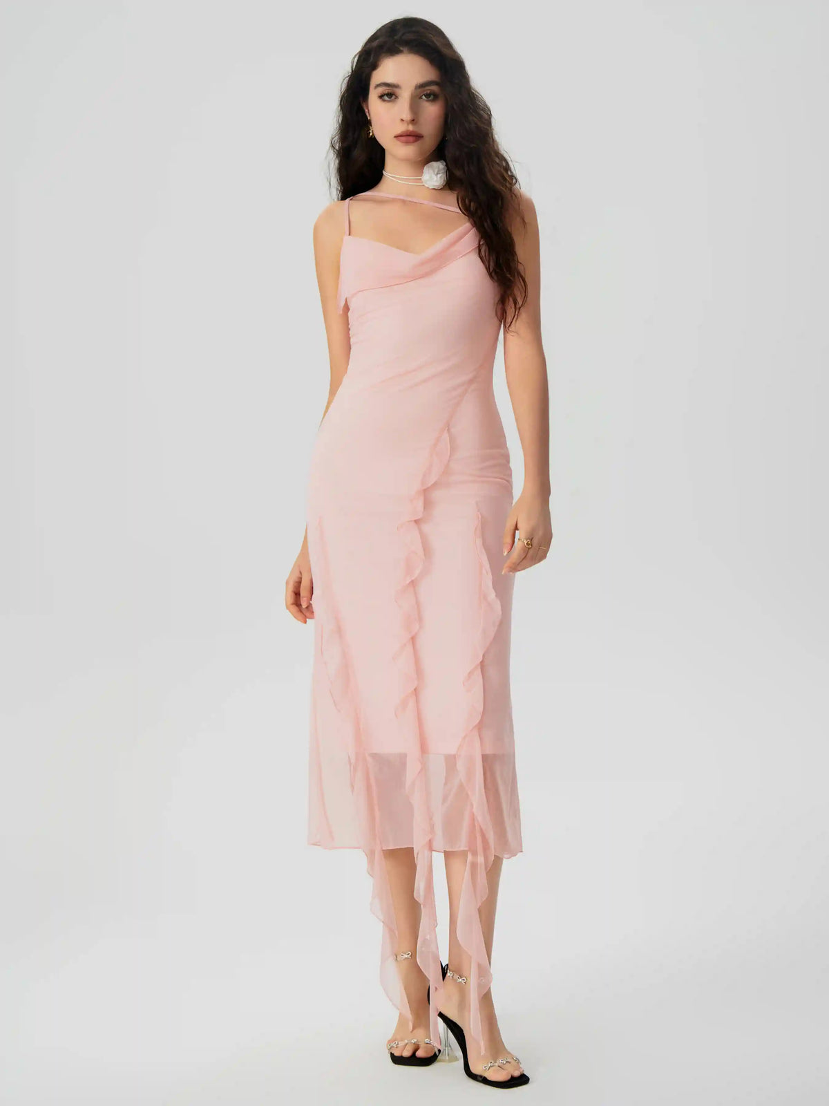 Mesh Ruffle Hem Ruched Midi Dress