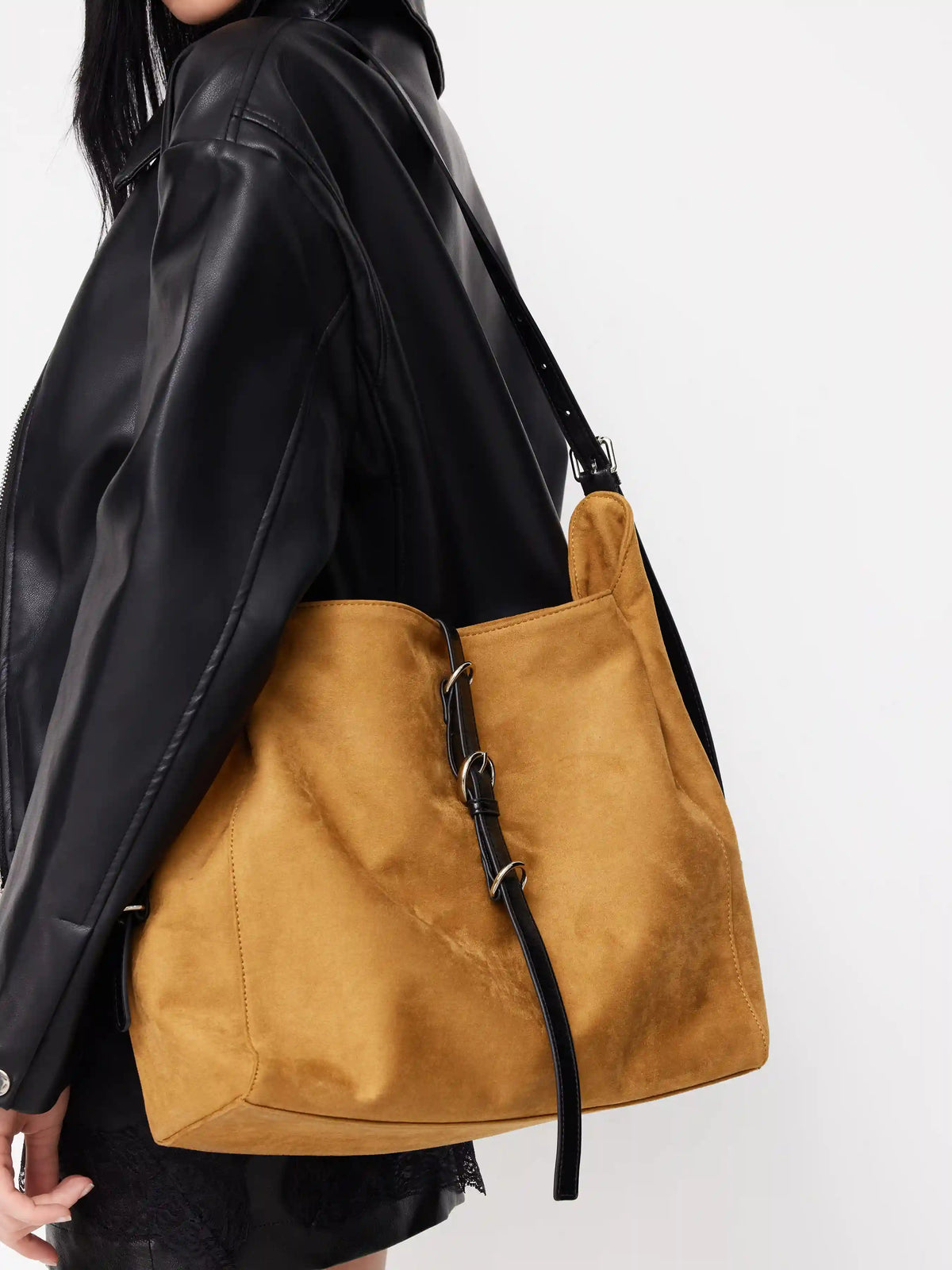 FAUX SUEDE BUCKLE TOTE BAG
