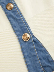 Knit V-Neck Metal Button Denim Contrasting Binding Vest Curve & Plus