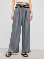 Solid Belted Straight Leg Trousers