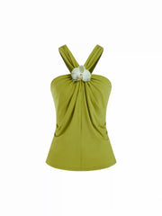 Halter Neckline Floral Applique Ruched Criss Cross Top